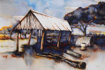 Ghosts in the Hayshed mixed media painting by Richard Roper for the OUTBACK & BEYOND Exhib