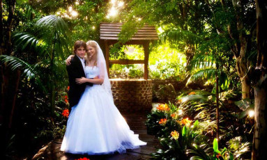 Tamborine Gardens - Bride and Groom by the well